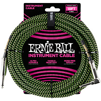 ERNIE BALL 6082  кабель инструментальный оплетенный, длина 5.49 метра, прямой / угловой джеки, цвет черно-зеленый